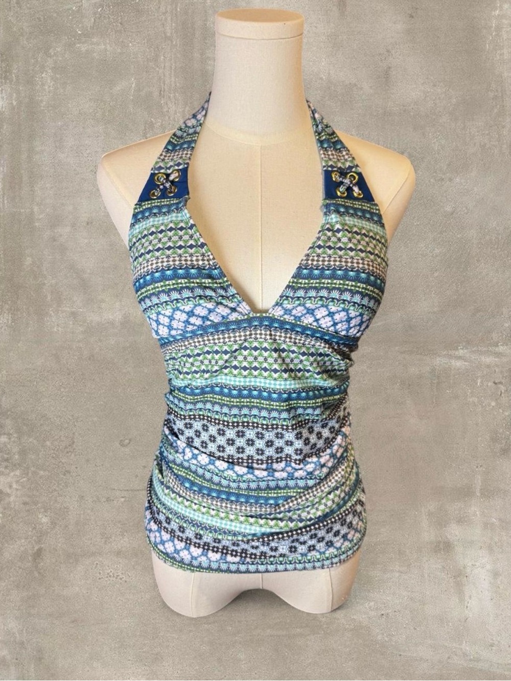 Halter Neck Patterned Women's Tank Top - Blue/Green size 6